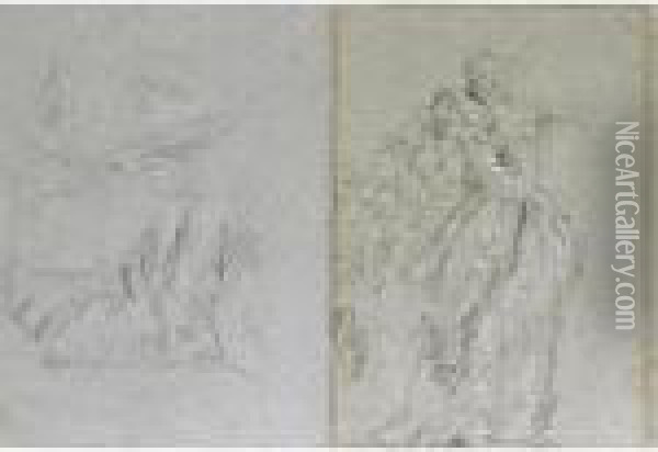 Recto: Studies For The Reception
 In Honour Of The Visit Of The Emperor Henry Iii To The Villa Contarini 
Verso: Study Of An Umbrella Oil Painting - Giovanni Domenico Tiepolo