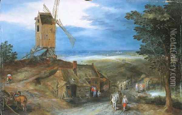 An extensive landscape with travellers passing a cottage and a miller on his way to a windmill Oil Painting - Jan Brueghel the Younger