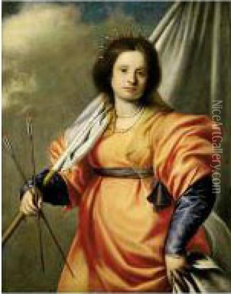 Portrait Of A Lady, Three-quarter Length, As Saint Ursula Oil Painting - Girolamo Forabosco