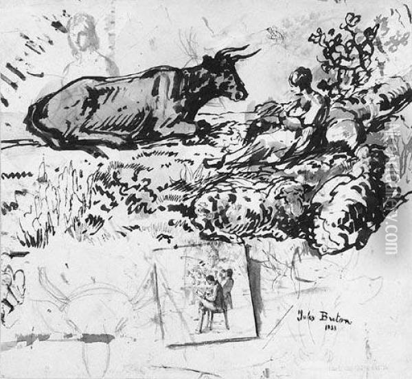 Femme Avec La Vache Et Moutons Oil Painting - Jules Breton