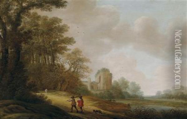 A Traveller On A Wooded Pathway Before The Ruins Of A Church Oil Painting - Pieter Jansz. van Asch