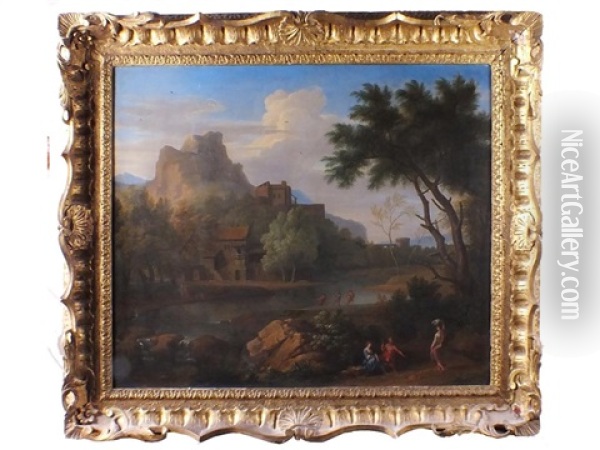 A Classical Landscape With Fishermen And Other Figures Oil Painting - George Lambert