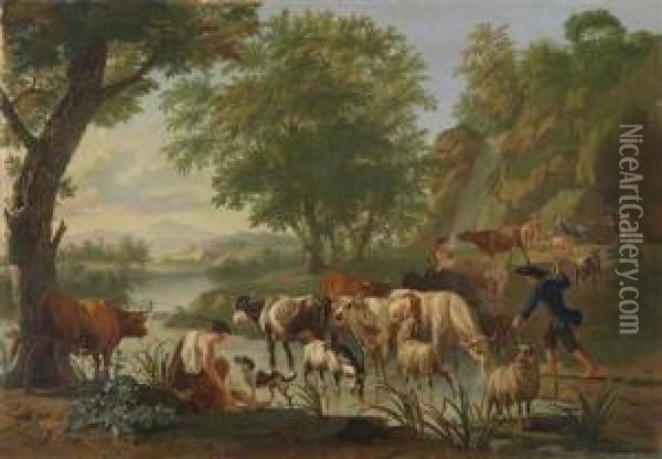 Bucolic Landscape With A Shepherd And His Flock And A Young Woman Oil Painting - Jan van Gool