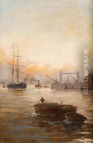 Shipping On Thethames With Tower Bridge In Distance Oil Painting - Edwin Fletcher