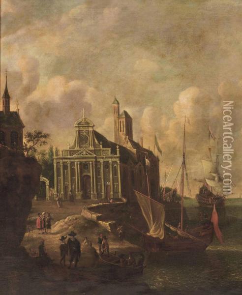 An Italianate Harbour View With A Church And Mooring Ships Oil Painting - Jan Abrahamsz. Beerstraaten
