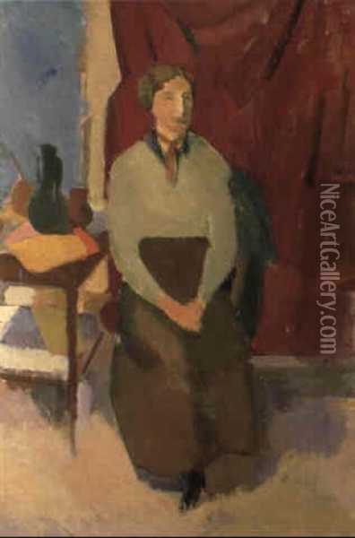 Portratt Av Sittande Kvinna Mot Rod Fond Oil Painting - Karl Isakson