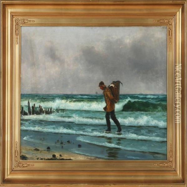 Fisherman On The Beach With A Basket With Today's Catch On His Back Oil Painting - Holger Peter Svane Lubbers