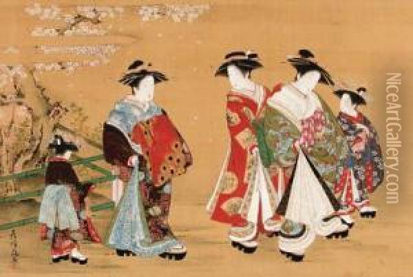 Courtesans On Parade Beneath A Blossoming Cherry Oil Painting - Kubo Shunman