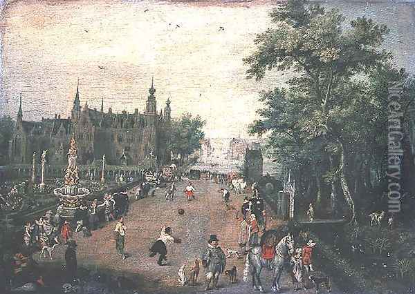A game of handball with country palace in background Oil Painting - Adriaen Pietersz. Van De Venne