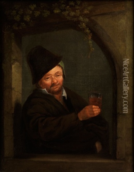 Bartiger Mann Mit Weinglas In Einem Rundbogigen Fenster Oil Painting - Adriaen Jansz van Ostade