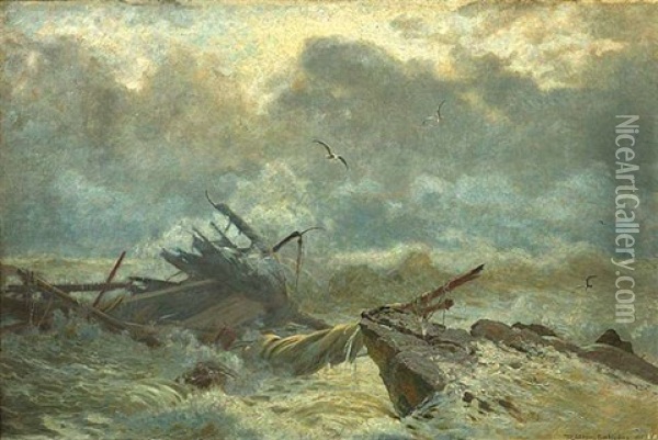 Schiffswrack In Tosender See Oil Painting - Fritz Von Kleudgen