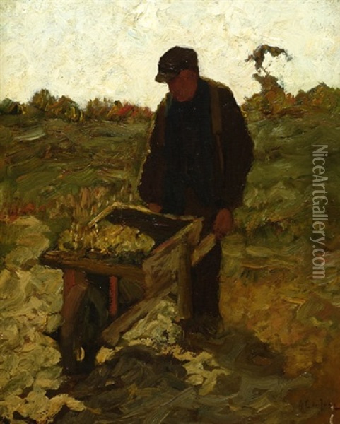 Farmer With A Wheelbarrow On The Land Oil Painting - Antonie Gerardus De Jong