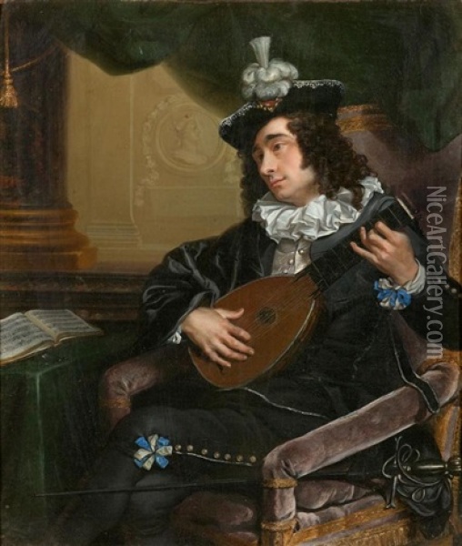 Portrait Eines Musikerpaares (pair) Oil Painting - Louis Michel van Loo
