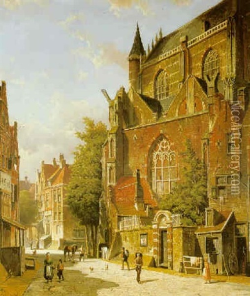 Figures In A Street Scene, Summer Oil Painting - Willem Koekkoek