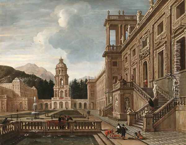 The Courtyard of a fantastical Palace with Figures gathered around a Fountain Oil Painting - Jacob Balthasar Peeters
