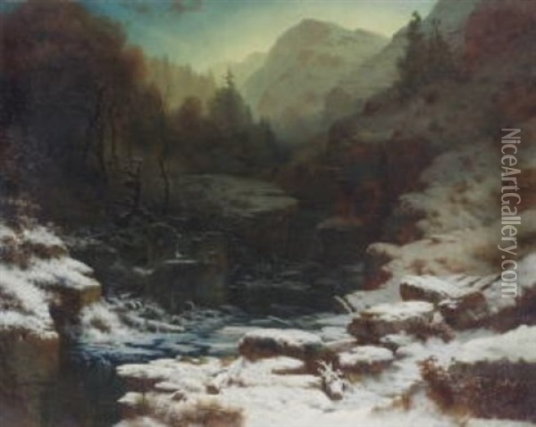 Winterliche Gebirgsschlucht Mit Abgebrannter Muhle Oil Painting - August Richard Zimmermann