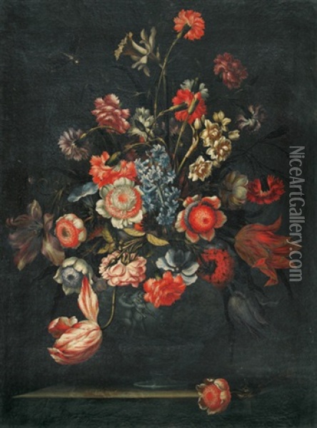 Blumenstillleben Mit Libelle In Antiker Reliefvase Oil Painting - Mario Nuzzi
