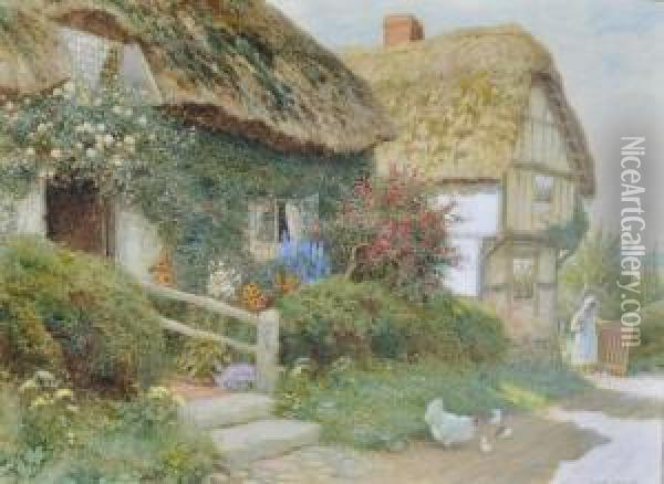 Girl And Poultry Outside A Thatched Cottage Oil Painting - Arthur Claude Strachan