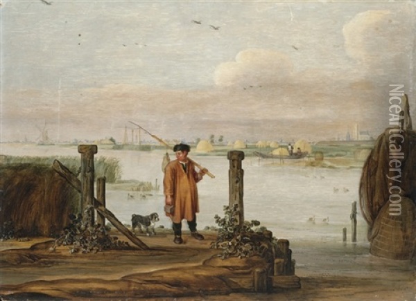 An Extensive River Landscape With A Fisherman By The Quayside Oil Painting - Arent (Cabel) Arentsz