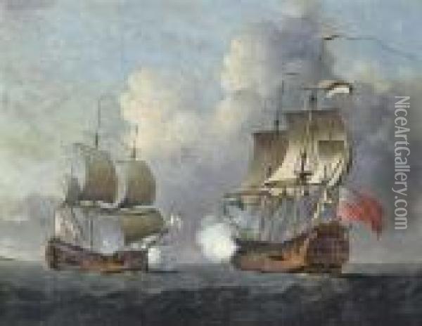 A Royal Navy Two-decker Opening Fire On A Spanish Two-decker Flying The Flag Of Ostend Oil Painting - Peter Monamy