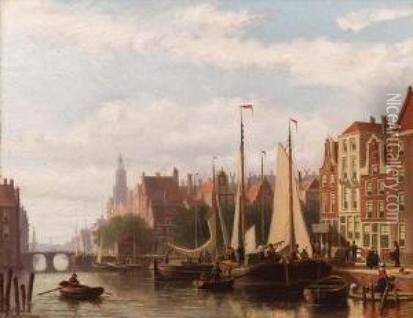 A Busy Day On The Canal Oil Painting - Johannes Frederik Hulk, Snr.