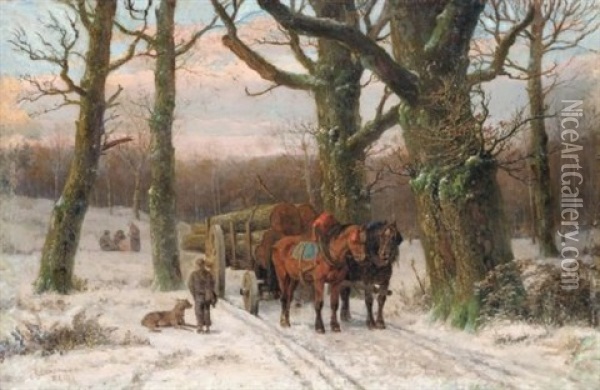 Abendliche Winterlandschaft Mit Holzfuhrwerk Oil Painting - Caesar Bimmermann