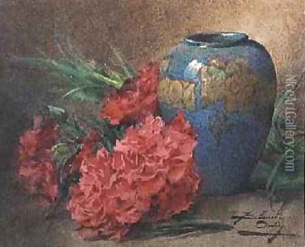 Still Life with Carnations beside a Blue Glazed Vase Oil Painting - Blanche Odin
