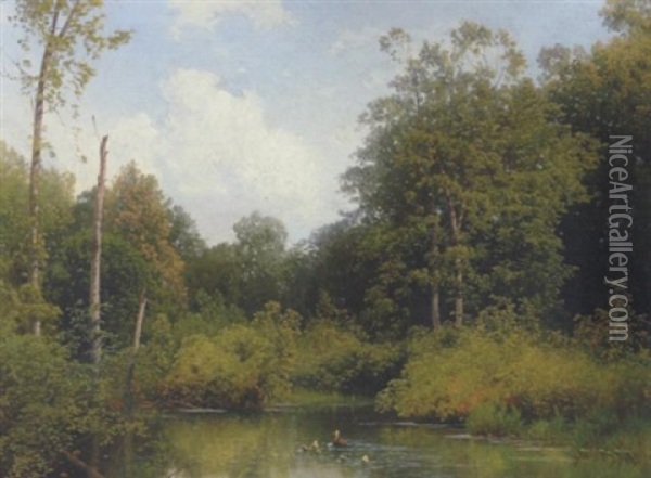Forest Landscape With Pond And Ducks Oil Painting - Hermann Herzog