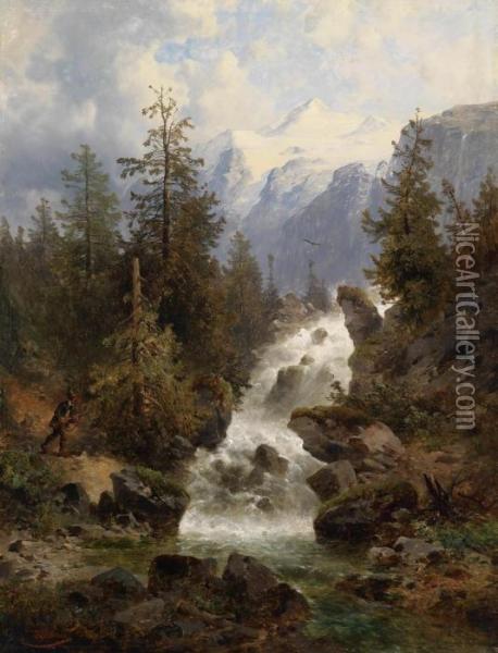 Hunter By The Waterfall Oil Painting - Josef Thoma