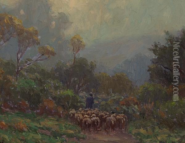 Misty Morning, Shepherd With Flock Oil Painting - Granville Redmond