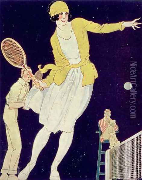 Tennis with Mademoiselle Suzanne Lenglen 1899-1938, illustration from La Vie au Grand Air, 1921 Oil Painting - Rene Vincent