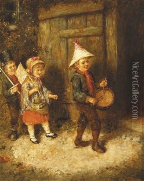 Three Children Playing At Marching Soldiers Oil Painting - Erskine Nicol
