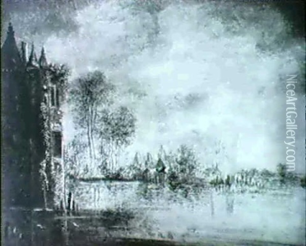 A Castle By A River With A Village Beyond Oil Painting - Wouter Knijff