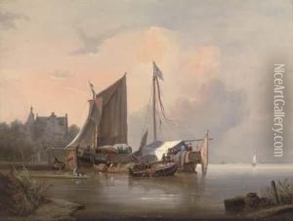 Ceremonial Barges Moored On A Dutch Waterway Oil Painting - Wijnandus Johannes Josephus Nuijen