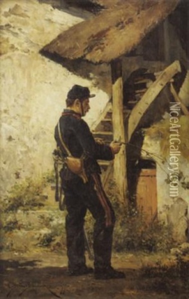 Franzosicher Soldat Mit Zweig Und Taschenmesser Oil Painting - Etienne Prosper Berne-Bellecour
