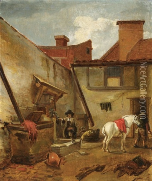 Absatteln Im Pferdehof Oil Painting - Hendrick Van Der Burgh