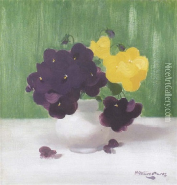 Still Life Of Purple And Yellow Pansies Oil Painting - Stuart James Park