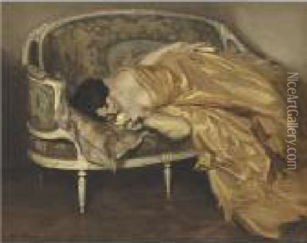 Elegant Lady On A Sofa Oil Painting - Rene Xavier Francois Prinet