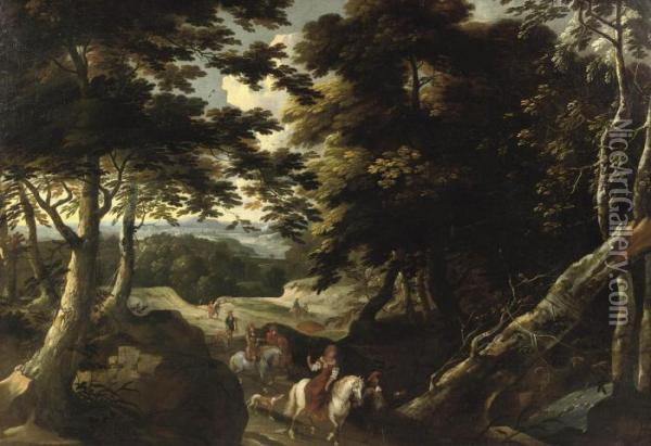 A Forest Landscape With An Elegant Company On A Falcon Hunt Oil Painting - Jacques D Arthois