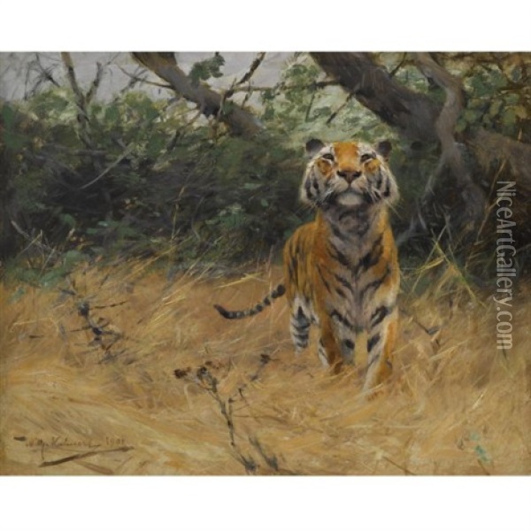 Sichernder Tiger - Tiger On The Watch Oil Painting - Wilhelm Friedrich Kuhnert