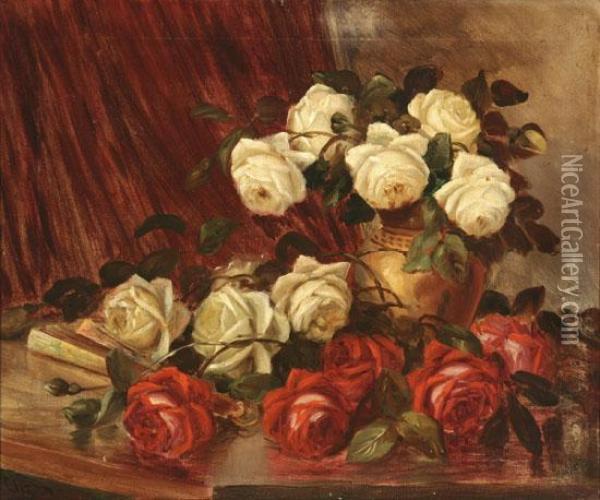 Still Life With Roses And Handfan Oil Painting - Felipe Checa Y Delicado