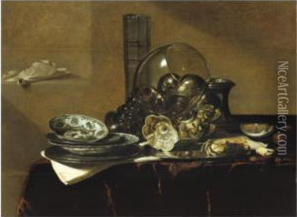 Still Life With A Roemer, A Beer Glass, A Silver Tazza On Itsside, A Salt Cellar And Other Objects On A Table Draped In Redcloth Oil Painting - Jan Jansz. Treck