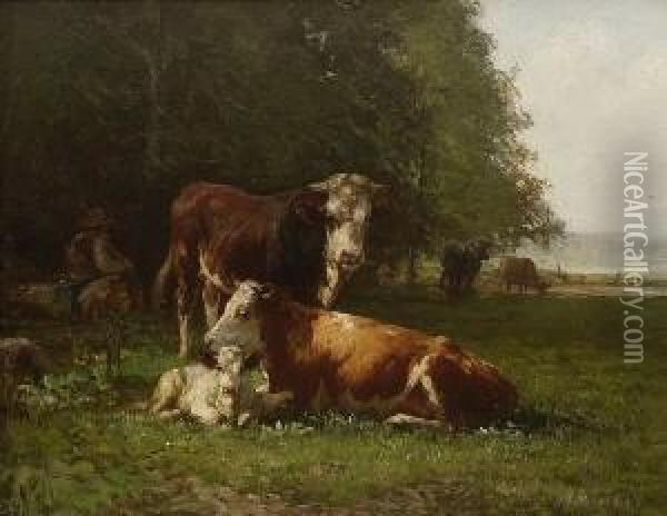 Hirte Mit Kuhen Und Kalb Auf Der
 Weide Oil Painting - Friedrich Johann Voltz