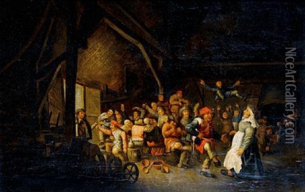 A Barn Interior With Peasants Feasting And Dancing Oil Painting - Bartholomeus Molenaer