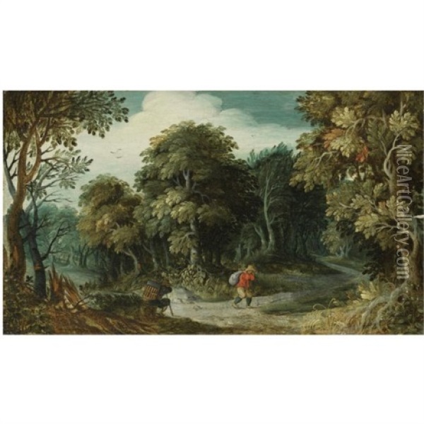 Peasants On A Path In A Forest Oil Painting - Jasper van der Laanen