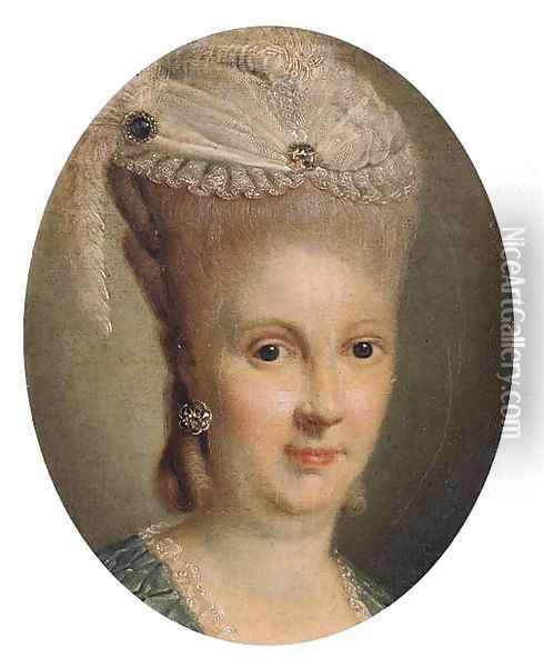 Portrait of Luise, Duchess of Mecklenburg-Schwerin (1756-1808), small bust length, wearing a light blue dress with lace chemise Oil Painting - Georg David Matthieu