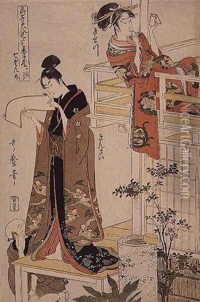 Scene 7, Comparison of celebrated beauties and the loyal league, c.1797 Oil Painting - Kitagawa Utamaro