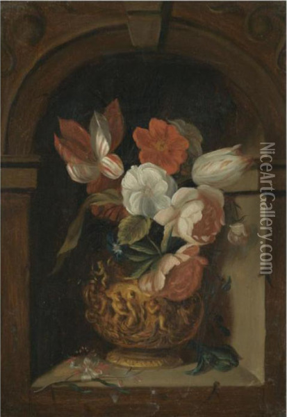 A Still Life Of Tulips, Roses, 
Morning Glory And Other Flowers In A Sculpted Bronze Vase In A Niche Oil Painting - Ambrosius the Elder Bosschaert