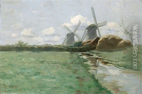 Paysage Aux Moulins Oil Painting - Henry Singlewood Bisbing