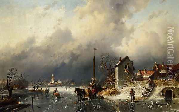 A Frozen River Landscape with a Horsedrawn Sleigh Oil Painting - Charles Henri Leickert
